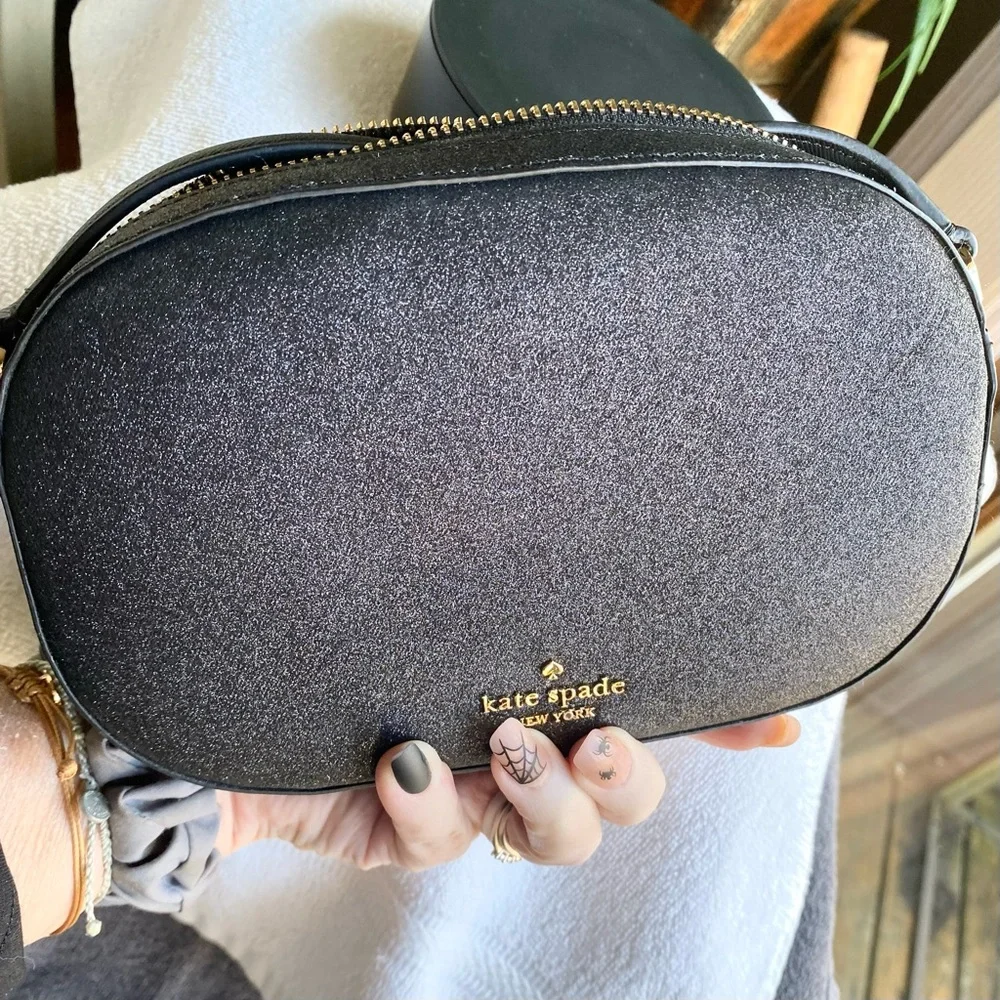 Kate Spade Black Glimmer Glitter Oval Camera Crossbody Bag In Black MSRP…$299